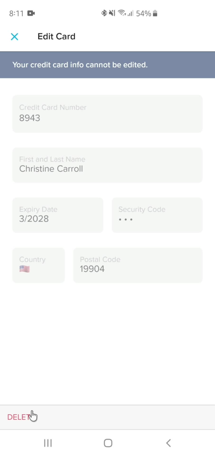 Deleting card details screenshot