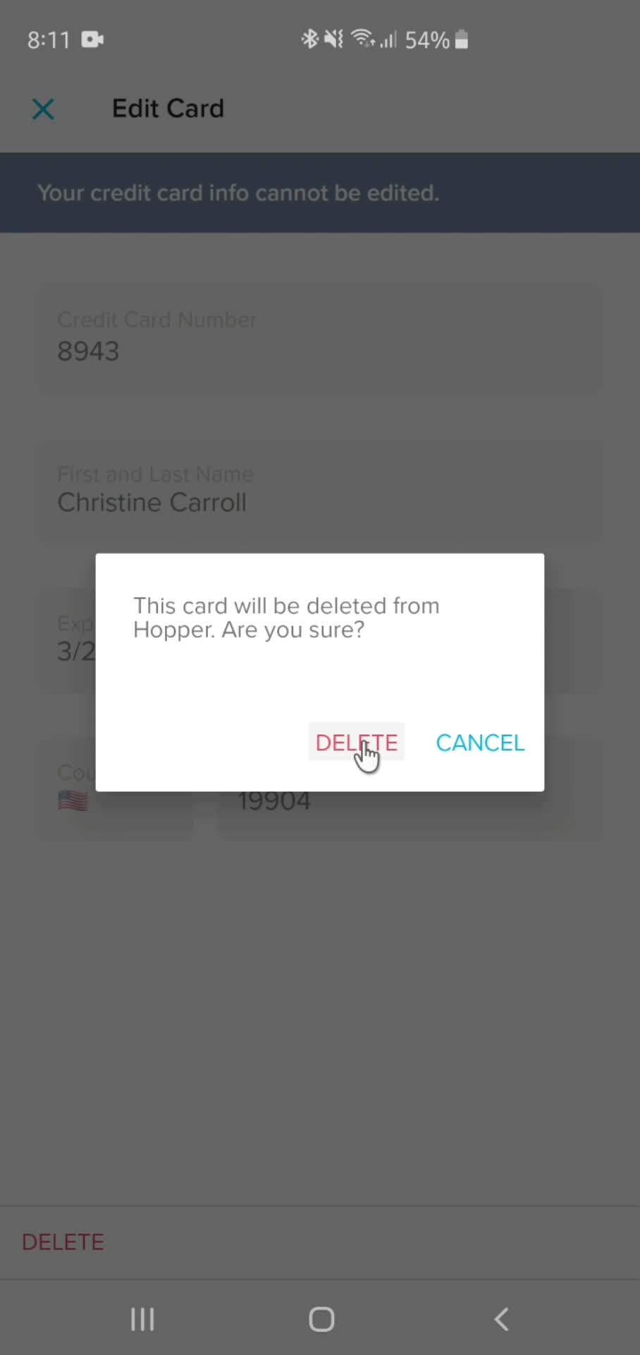 Deleting card details screenshot