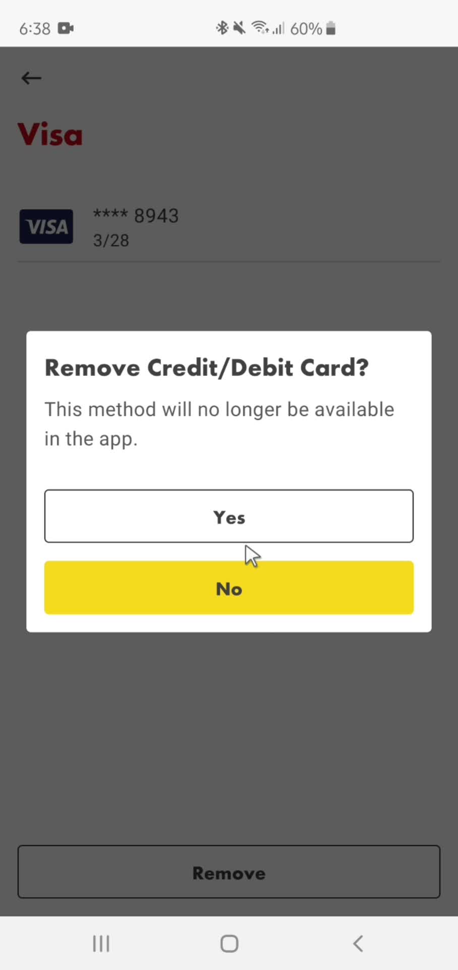 Removing card details screenshot