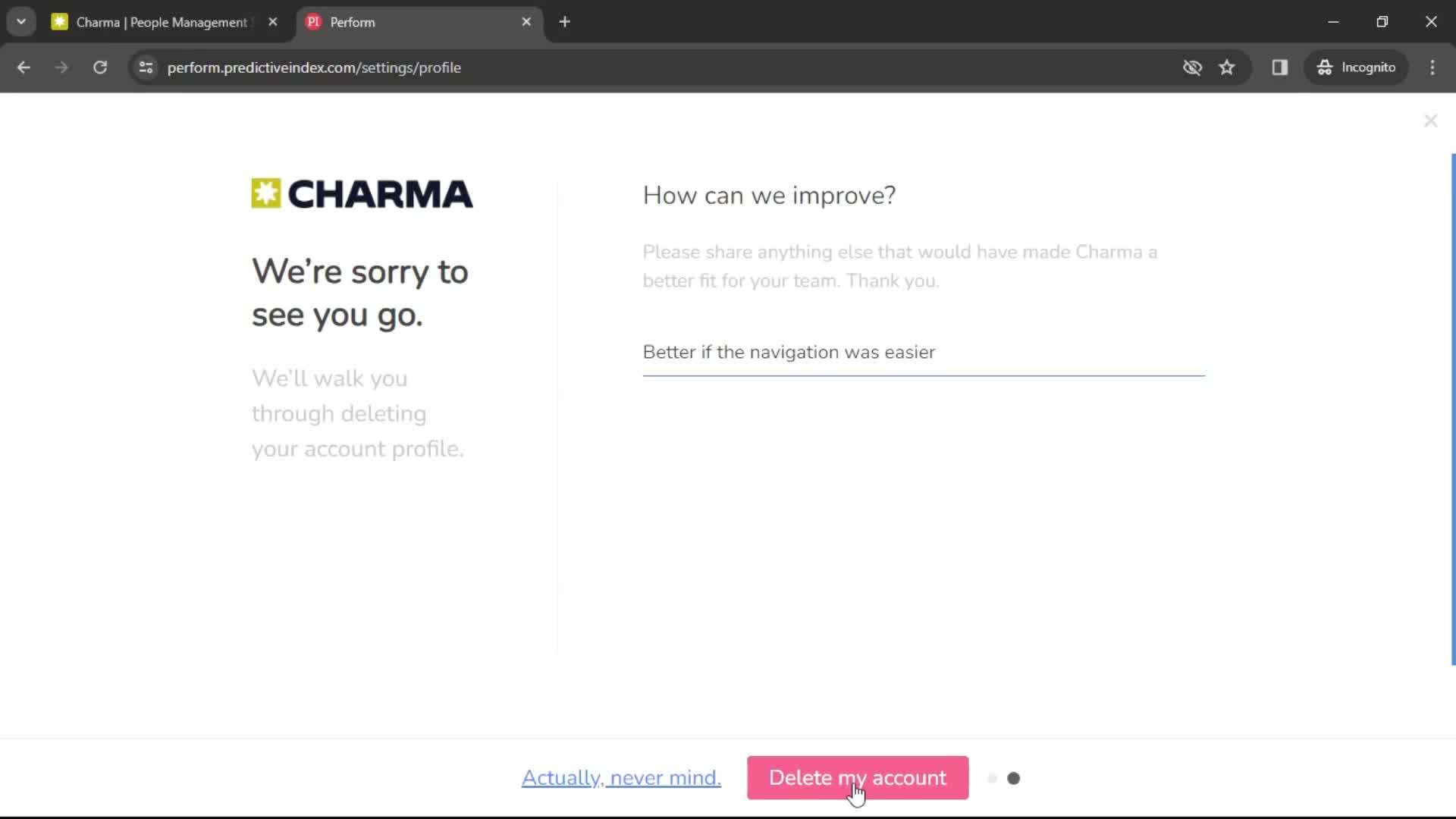 Charma confirm delete screenshot