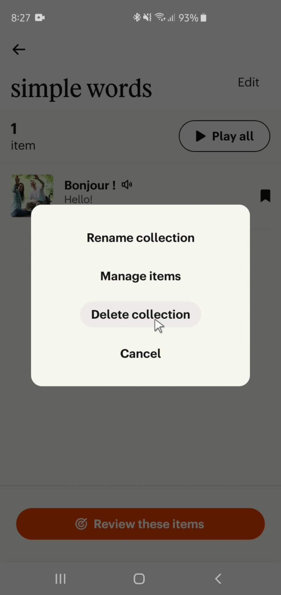 Deleting collection screenshot