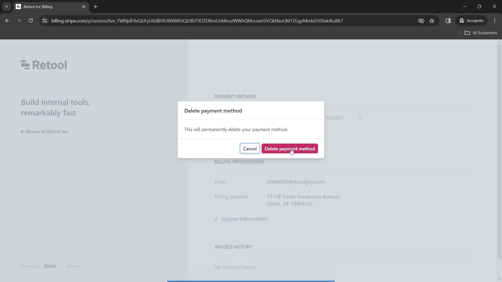 Removing a payment method screenshot