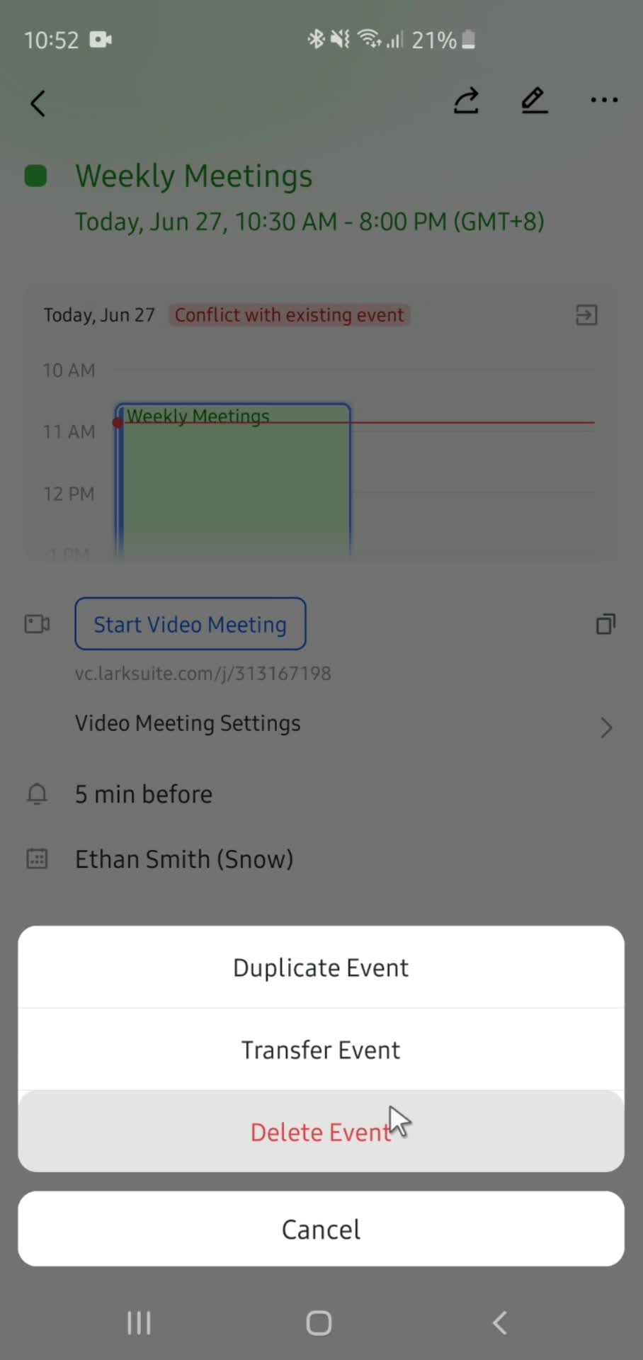 Deleting scheduled meeting screenshot