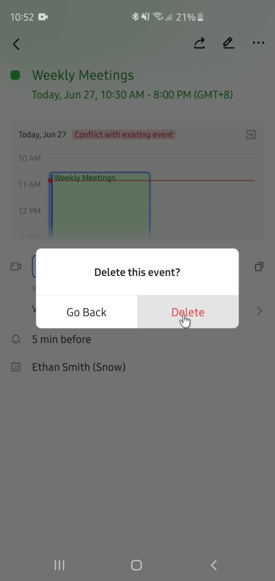 Deleting scheduled meeting screenshot