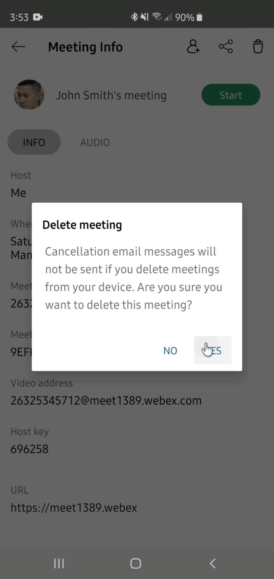 Deleting scheduled meeting screenshot