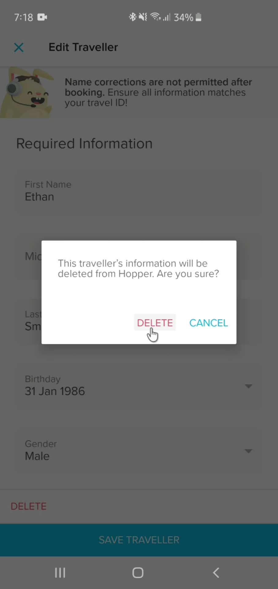 Deleting traveler's details screenshot