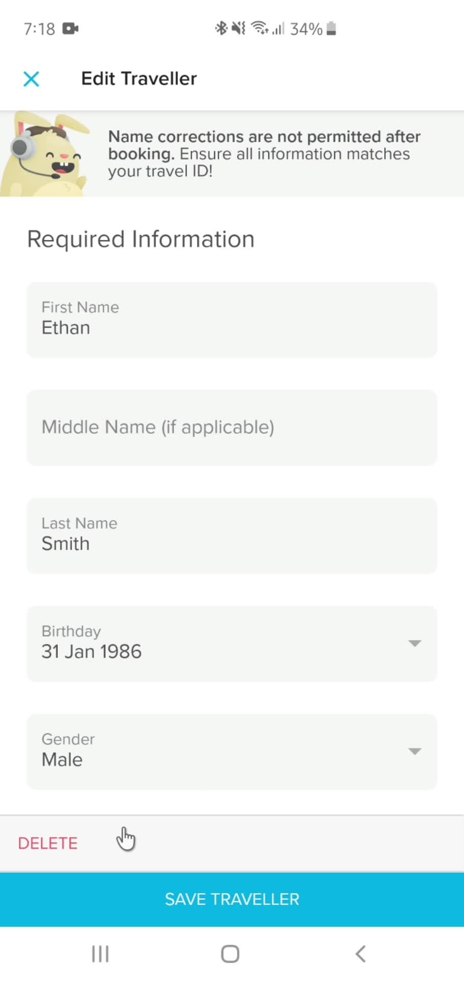 Deleting traveler's details screenshot