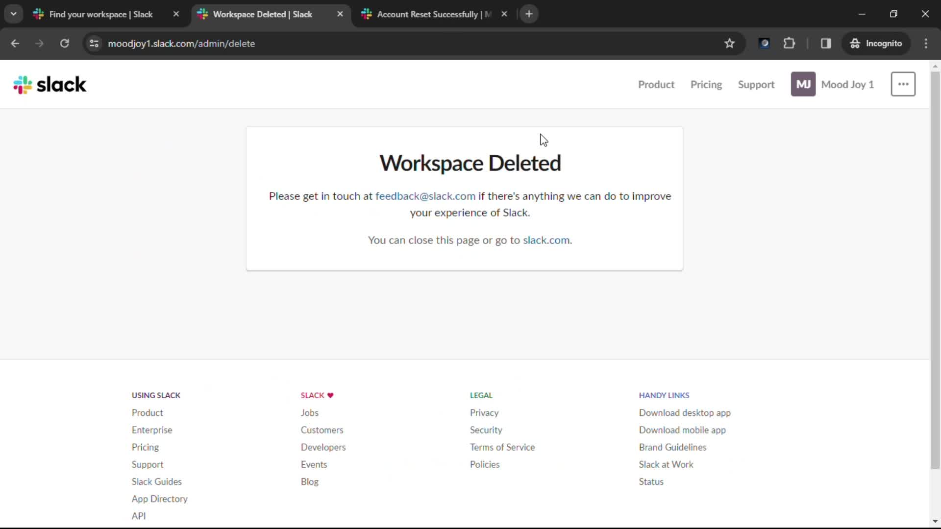 Slack workspace deleted screenshot