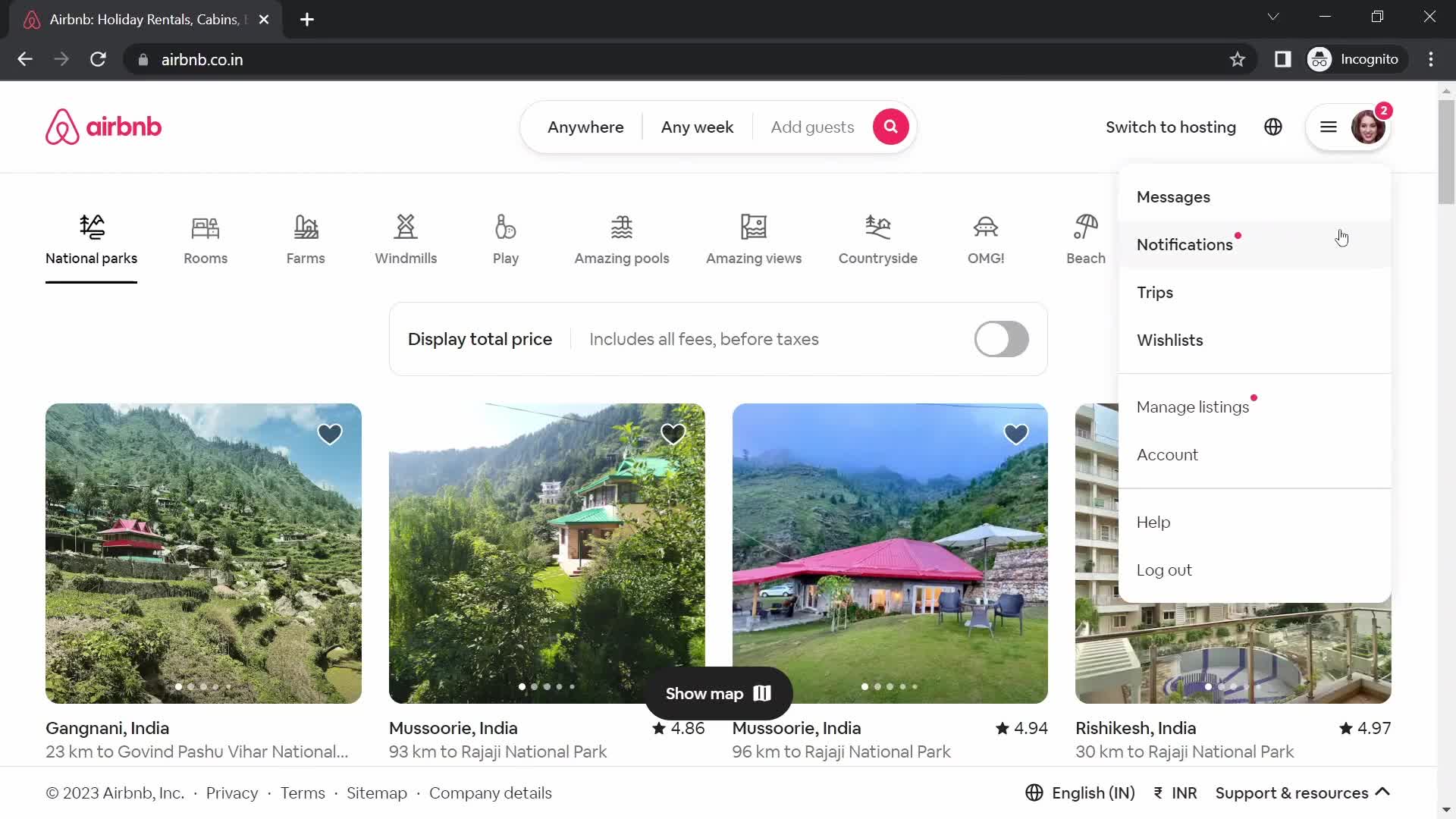 Screenshot of Account menu on Deleting your account on Airbnb user flow