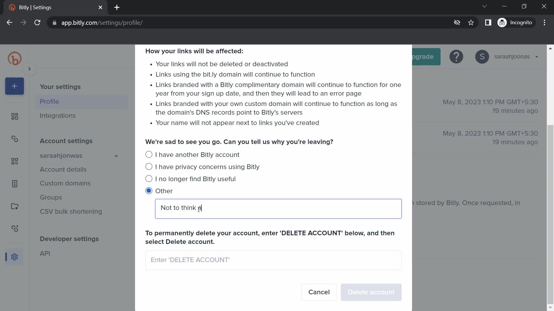 Screenshot of Delete account on Deleting your account on Bitly user flow