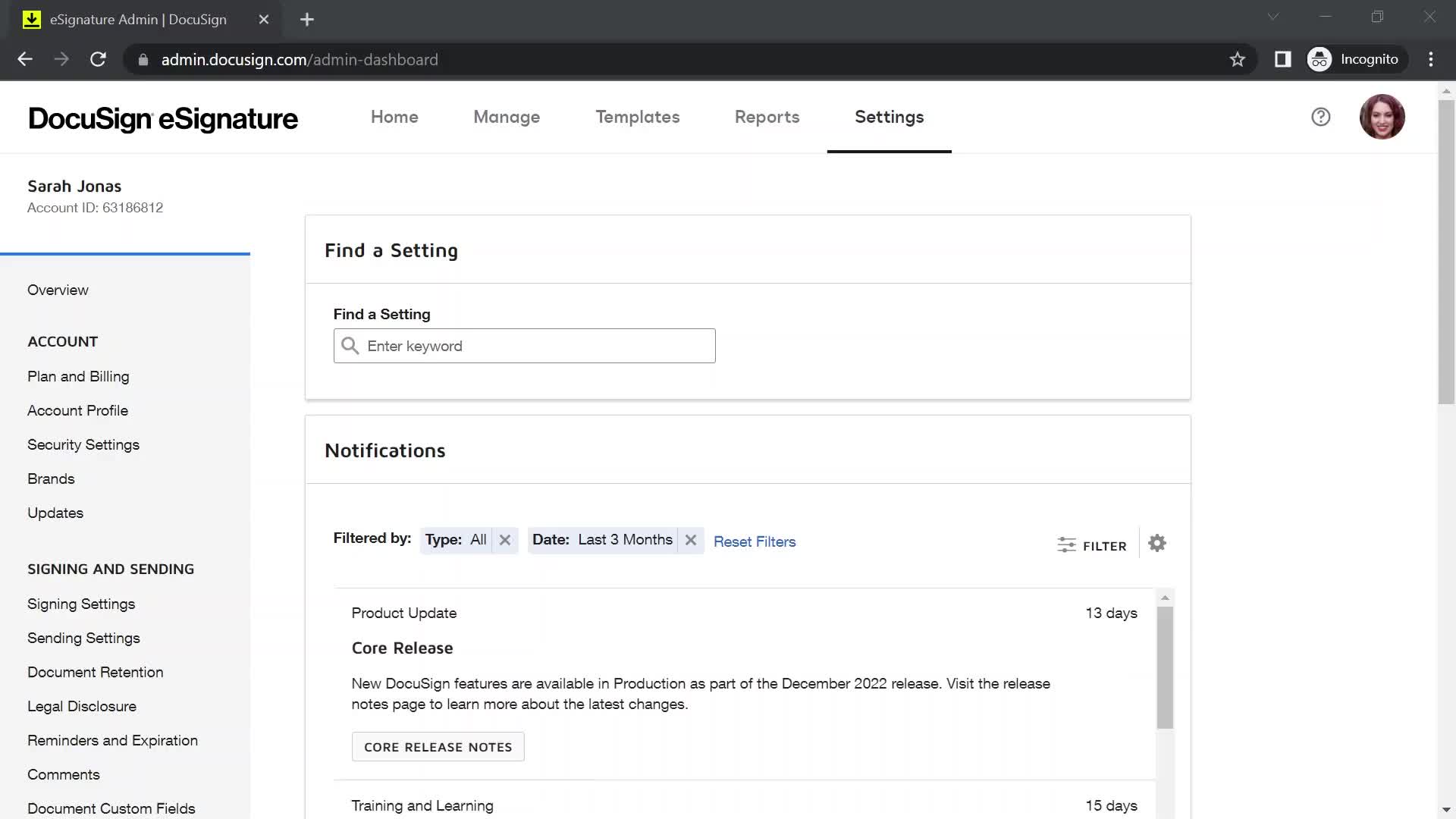 Screenshot of Account settings on Deleting your account on DocuSign user flow