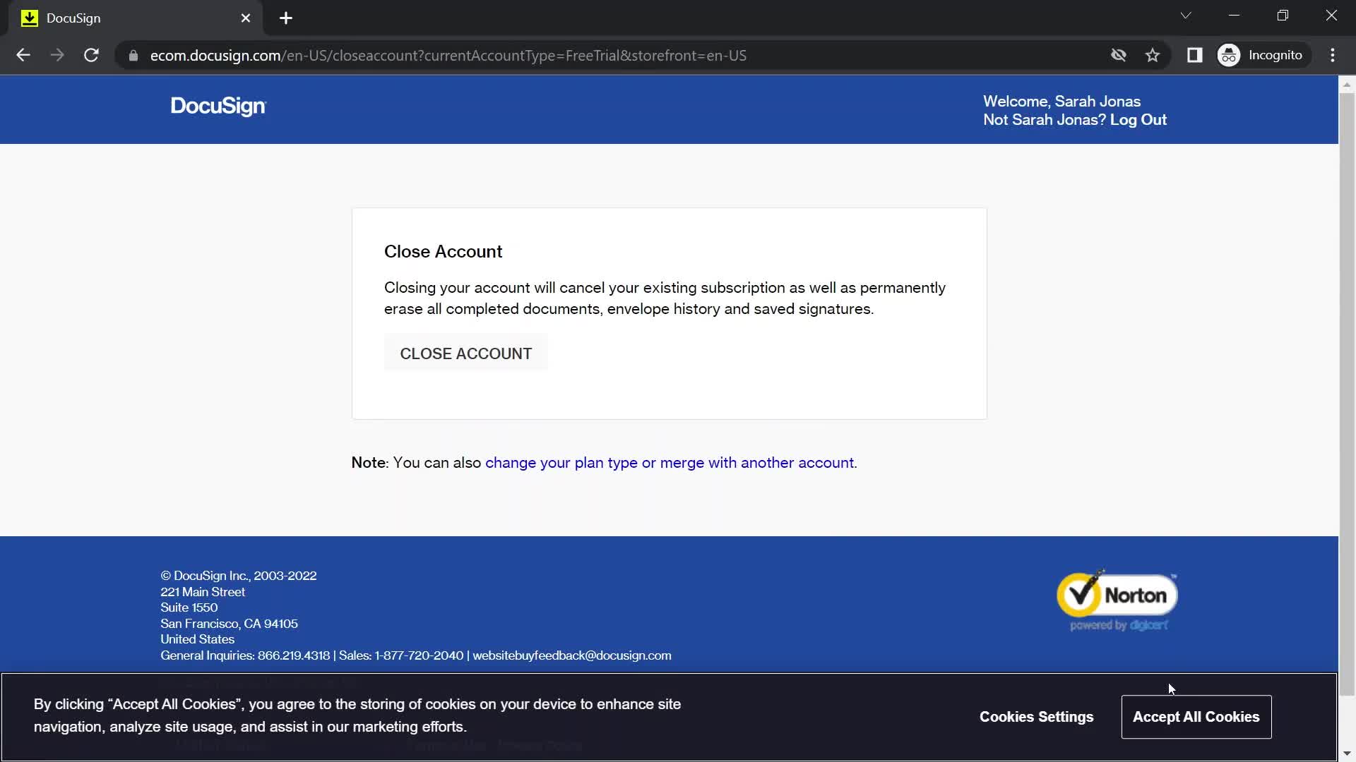 Screenshot of Delete account on Deleting your account on DocuSign user flow