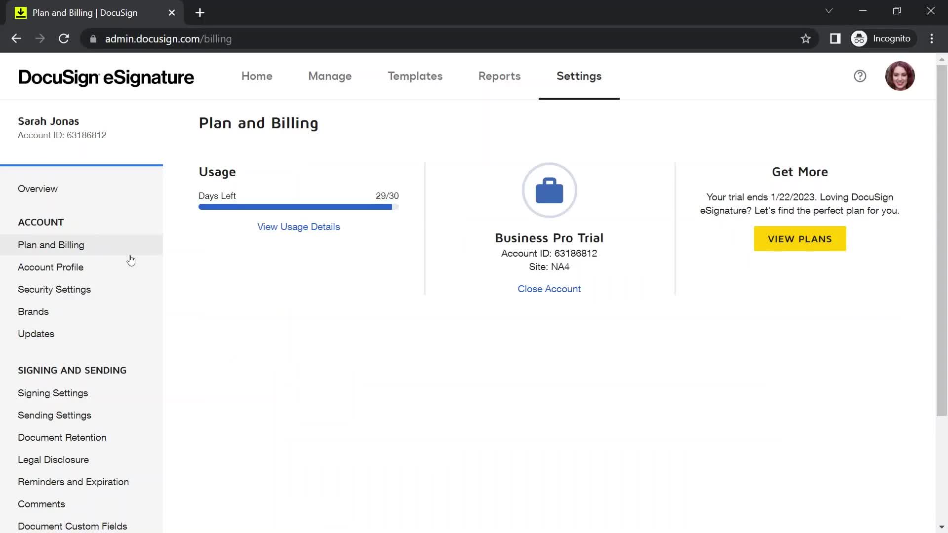 Screenshot of Billing on Deleting your account on DocuSign user flow