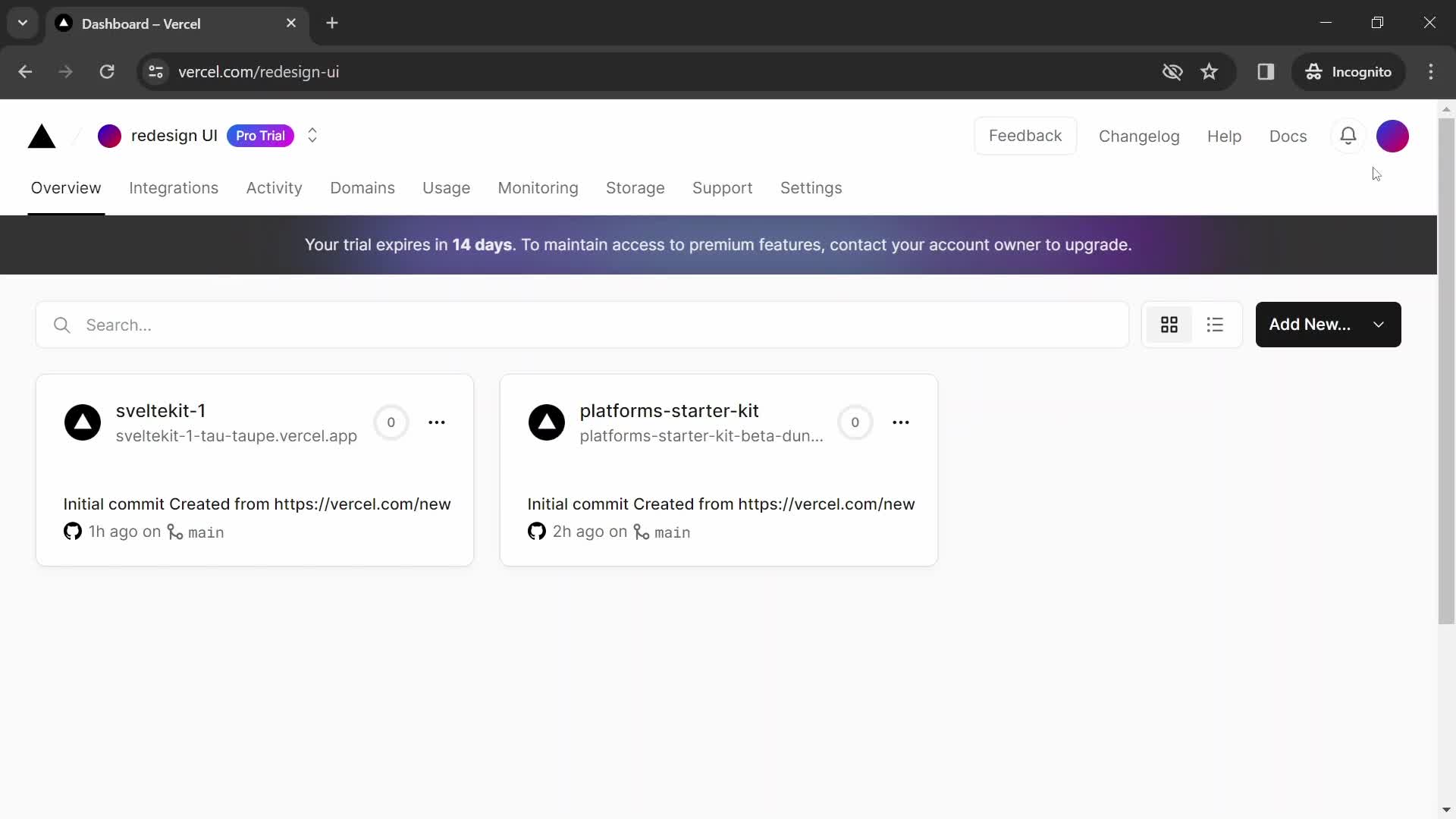 Screenshot of Dashboard on Deleting your account on Vercel user flow