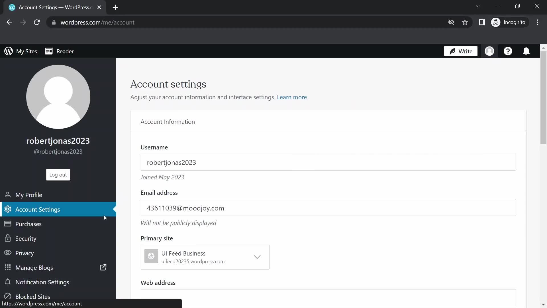 Screenshot of Account settings on Deleting your account on WordPress user flow