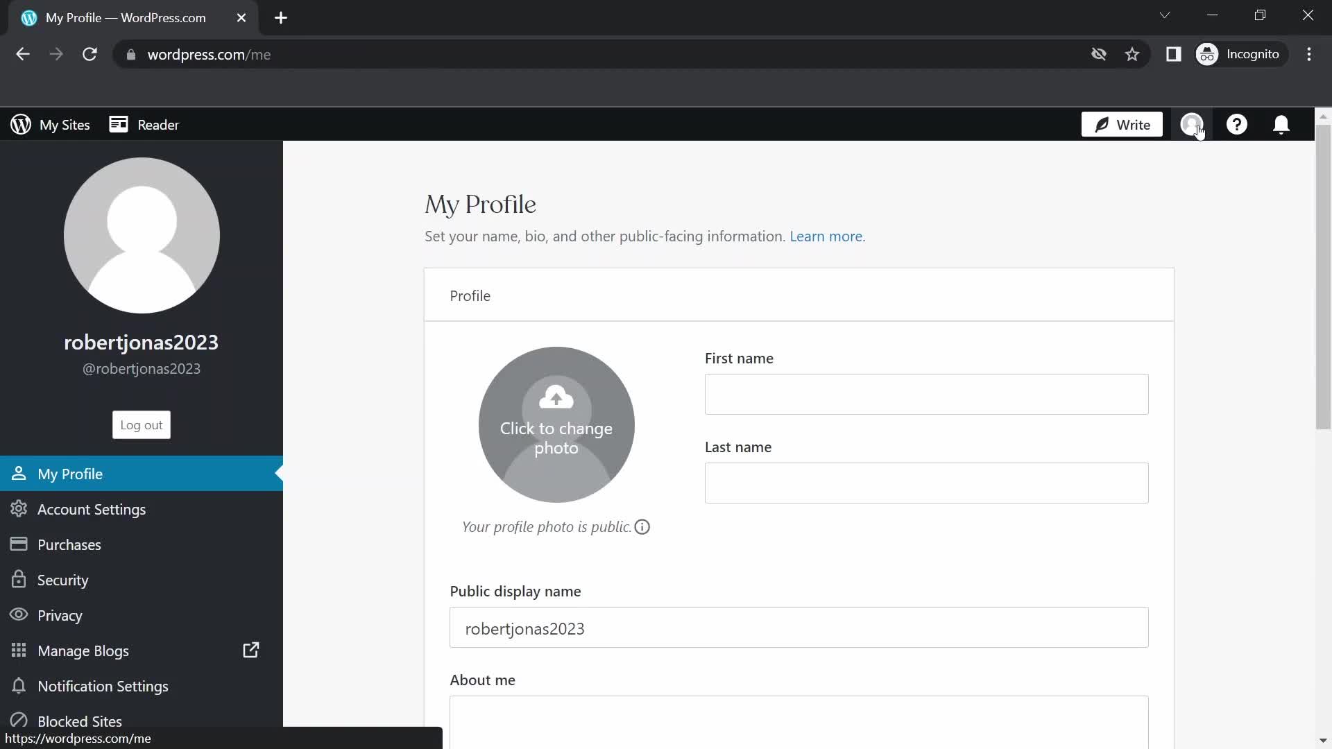 Screenshot of My profile on Deleting your account on WordPress user flow