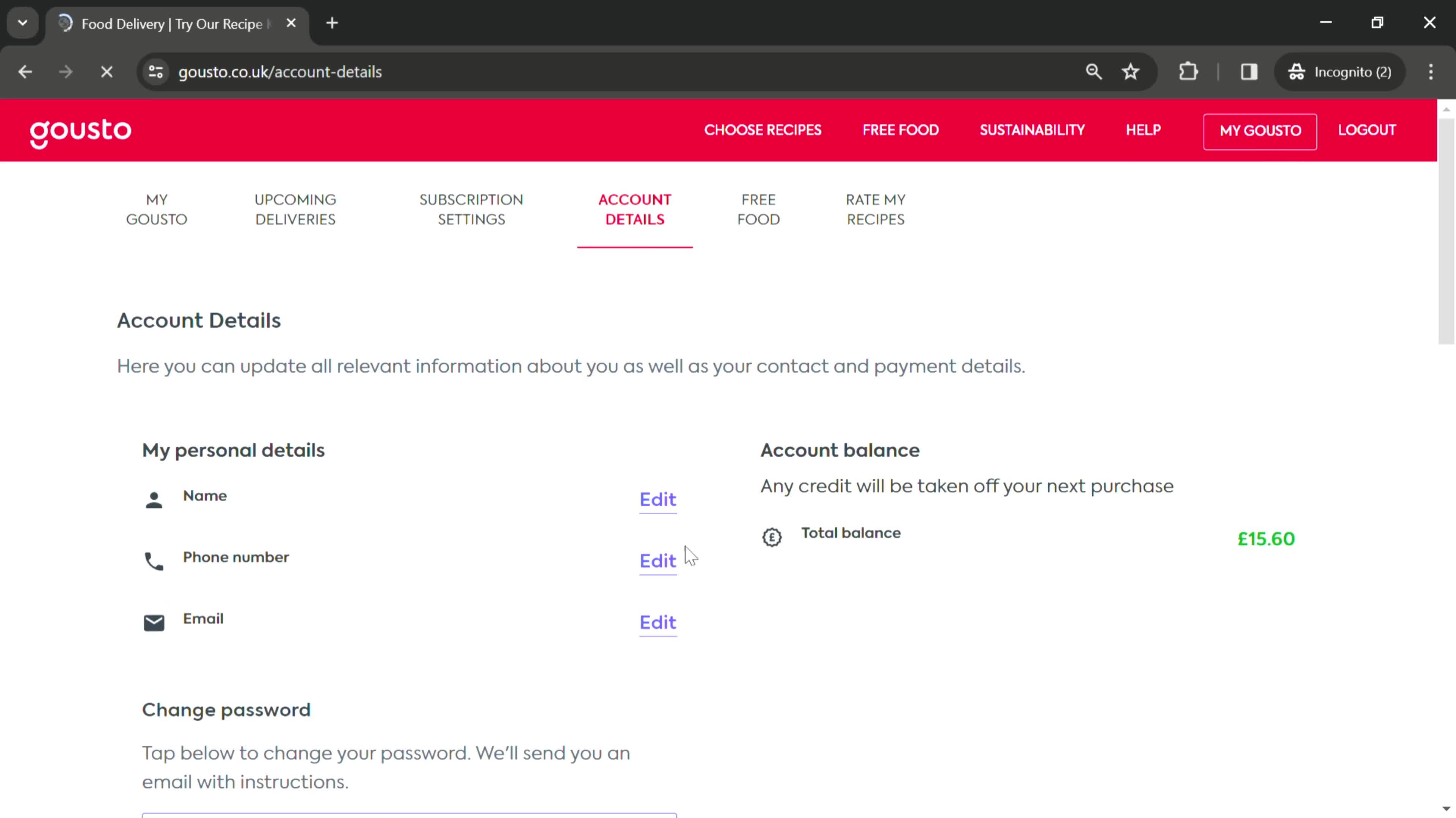 Screenshot of Account details on Deleting your account on Gousto user flow