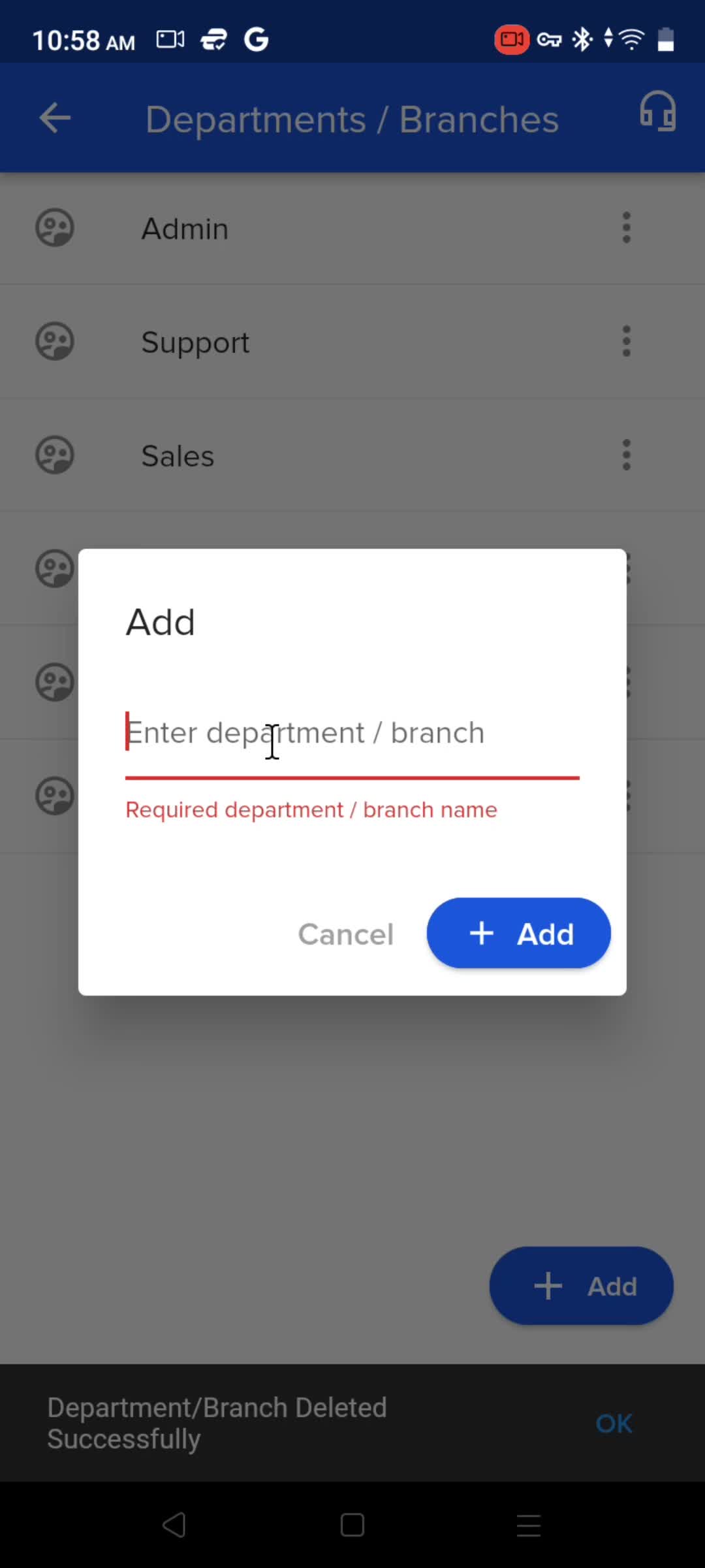 Adding departments screenshot