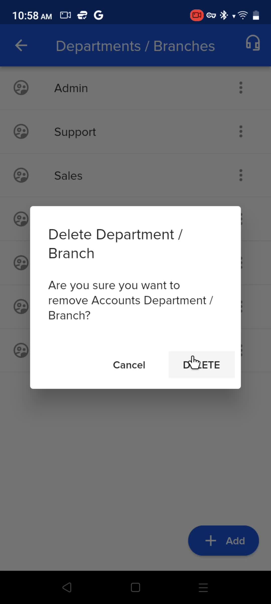 Adding departments screenshot