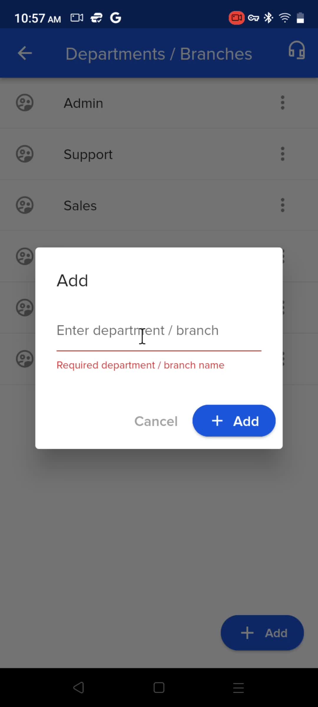 Adding departments screenshot