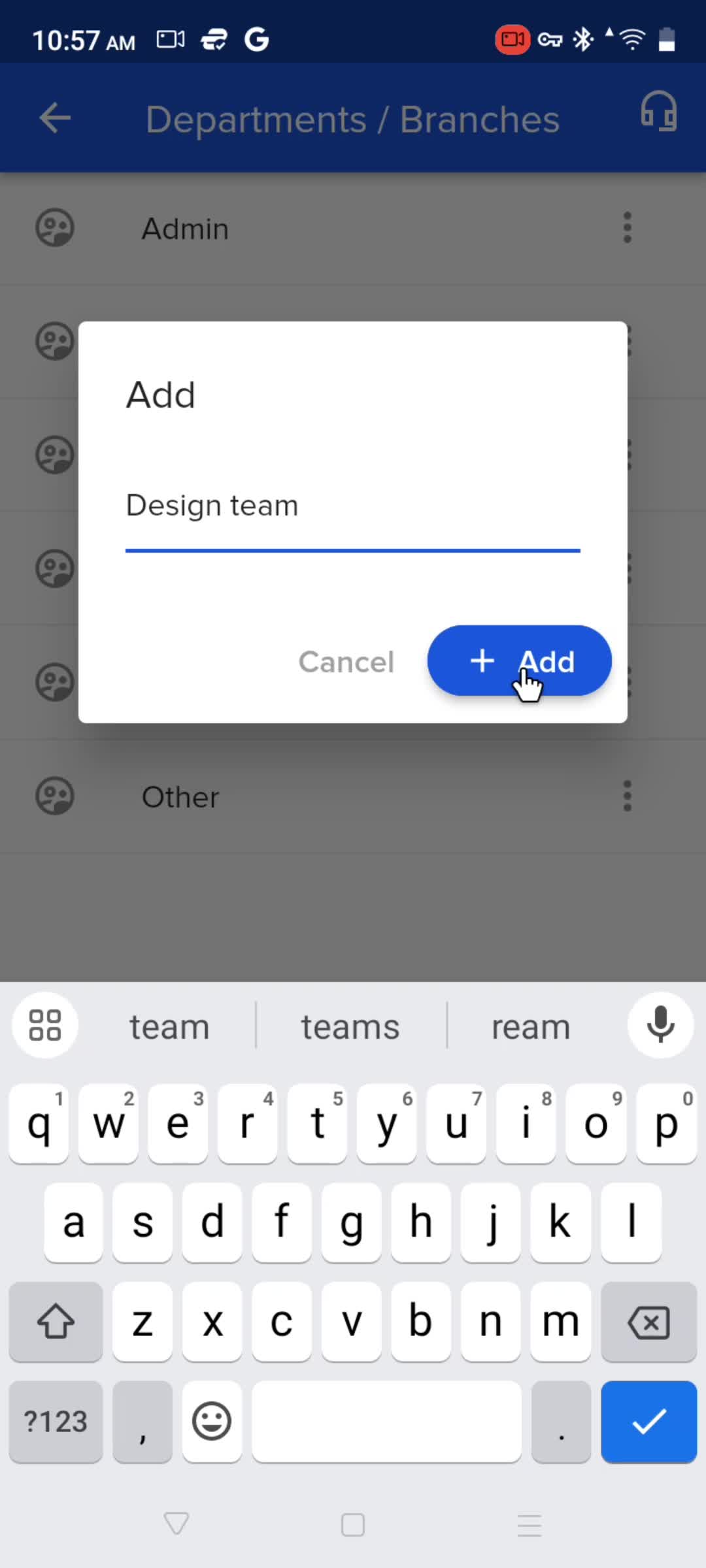 Adding departments screenshot