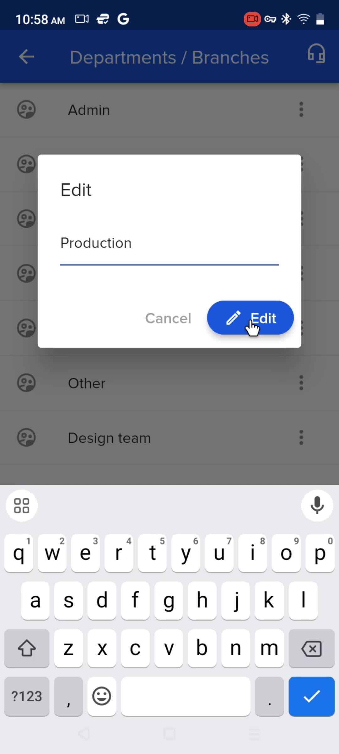 Adding departments screenshot