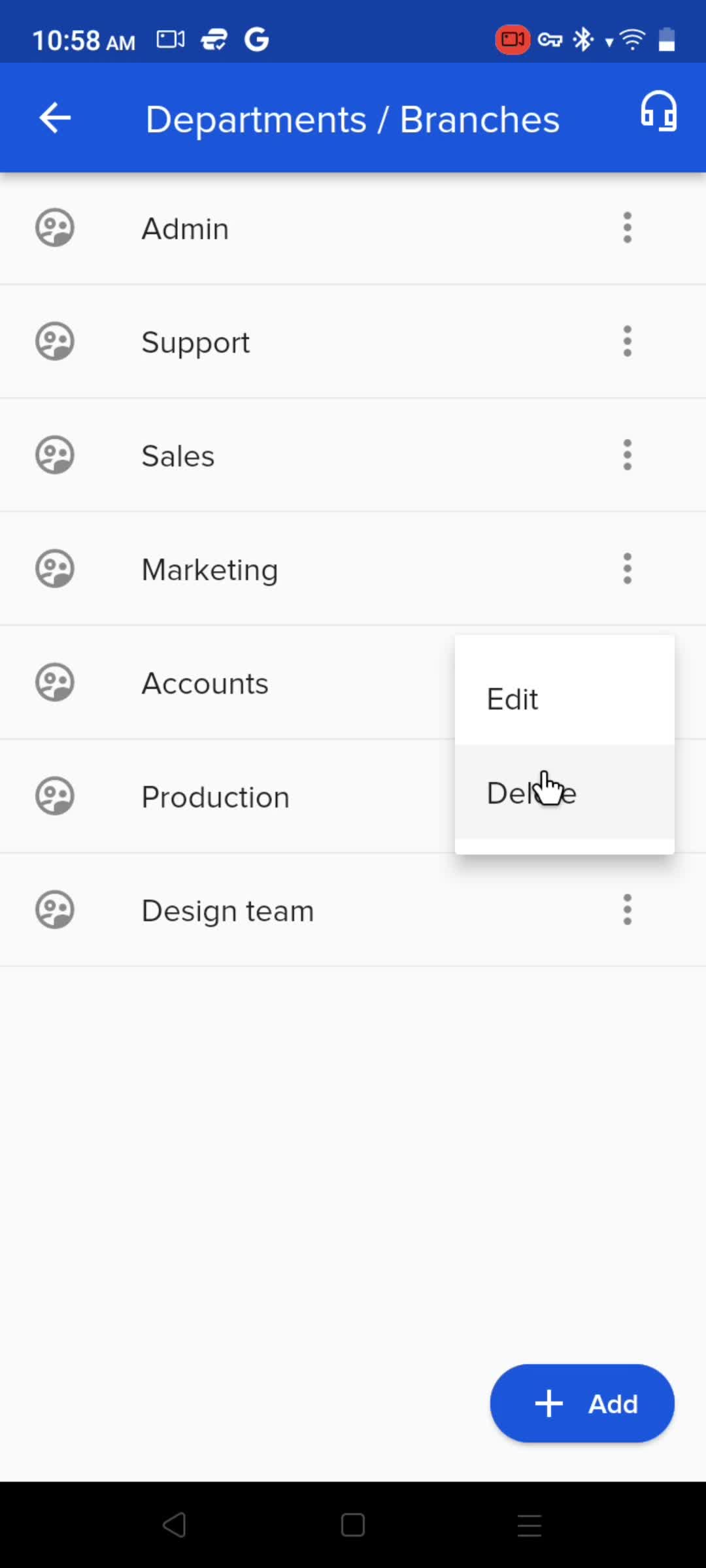 Adding departments screenshot