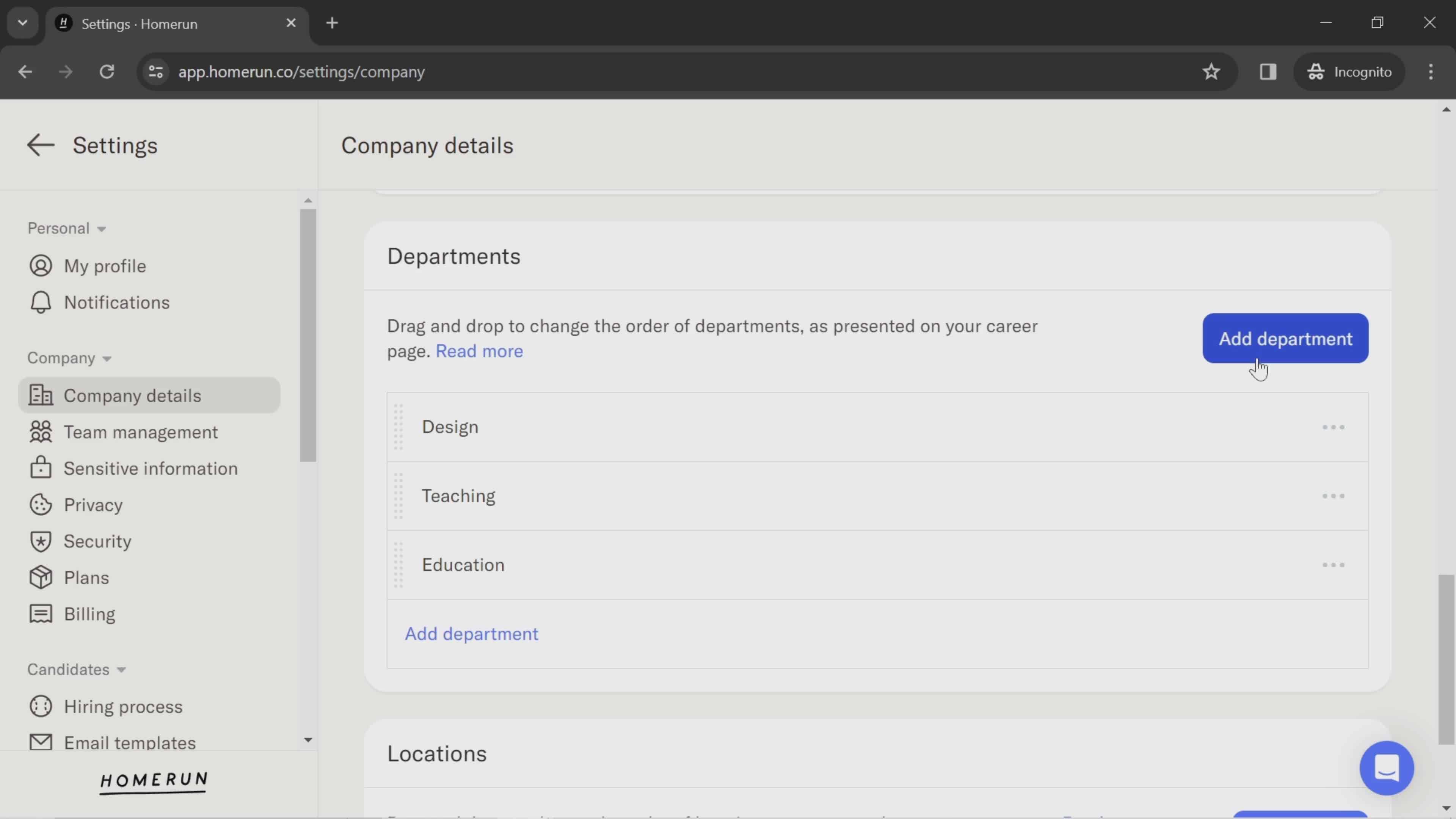 Adding departments screenshot