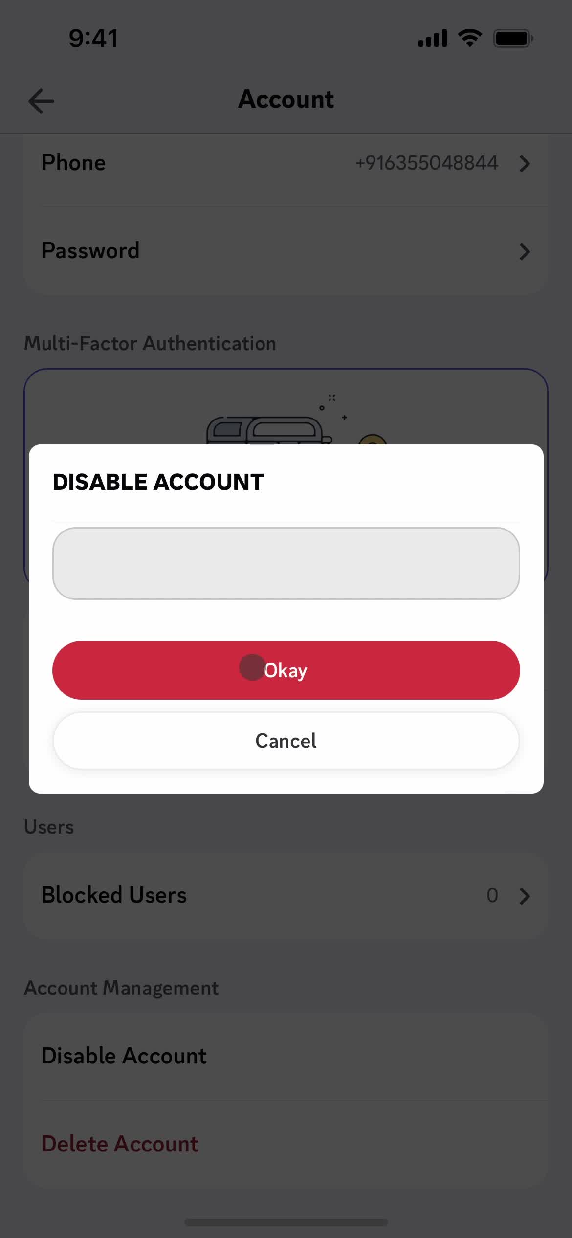 Disabling your account screenshot