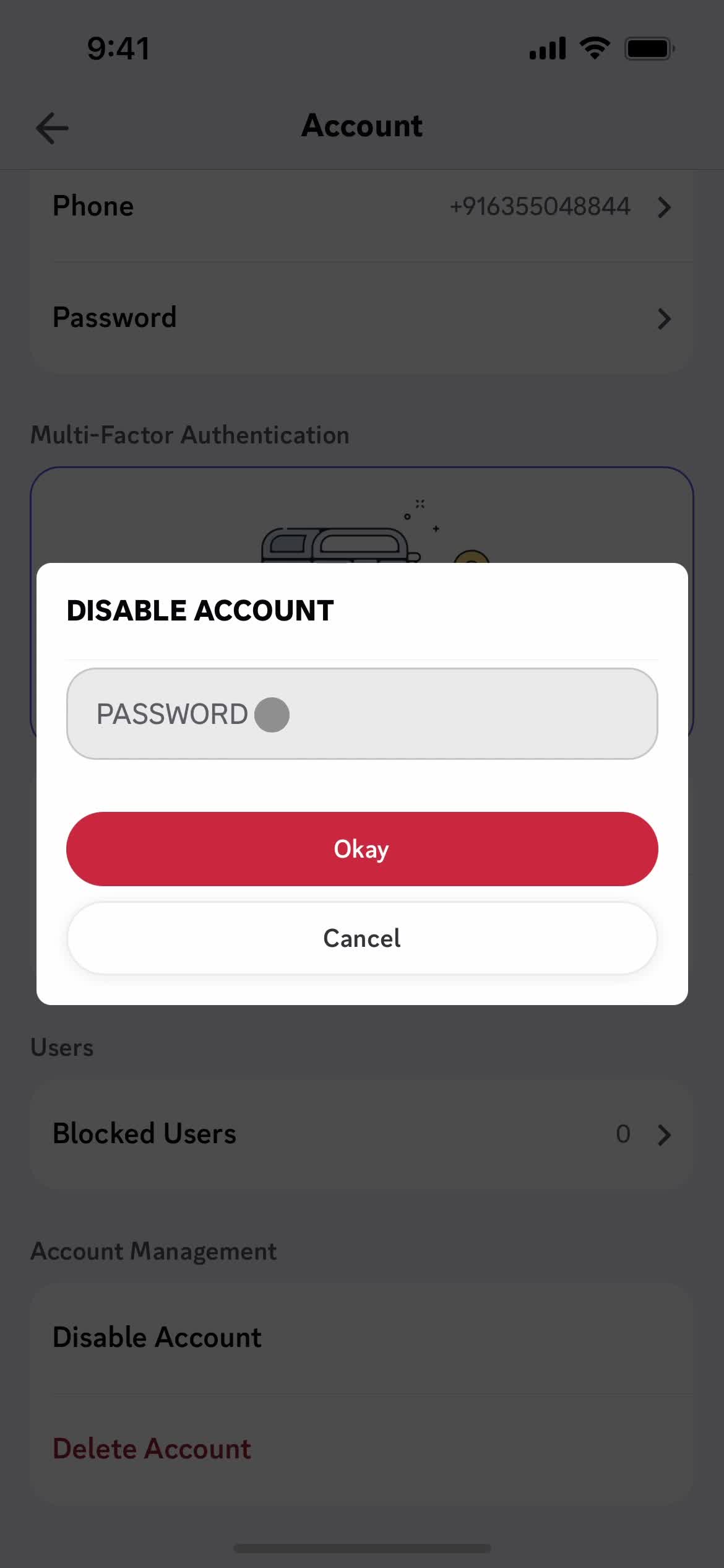 Disabling your account screenshot