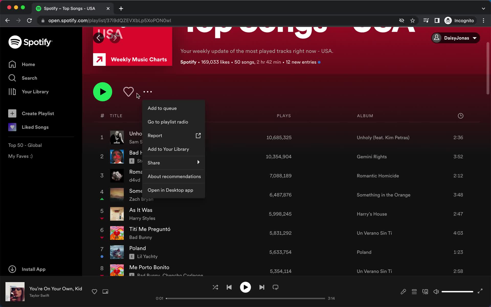 Screenshot of Action menu on Discovering content on Spotify user flow