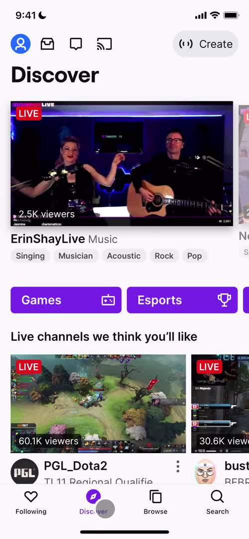 Screenshot of Discover on Discovering content on Twitch user flow
