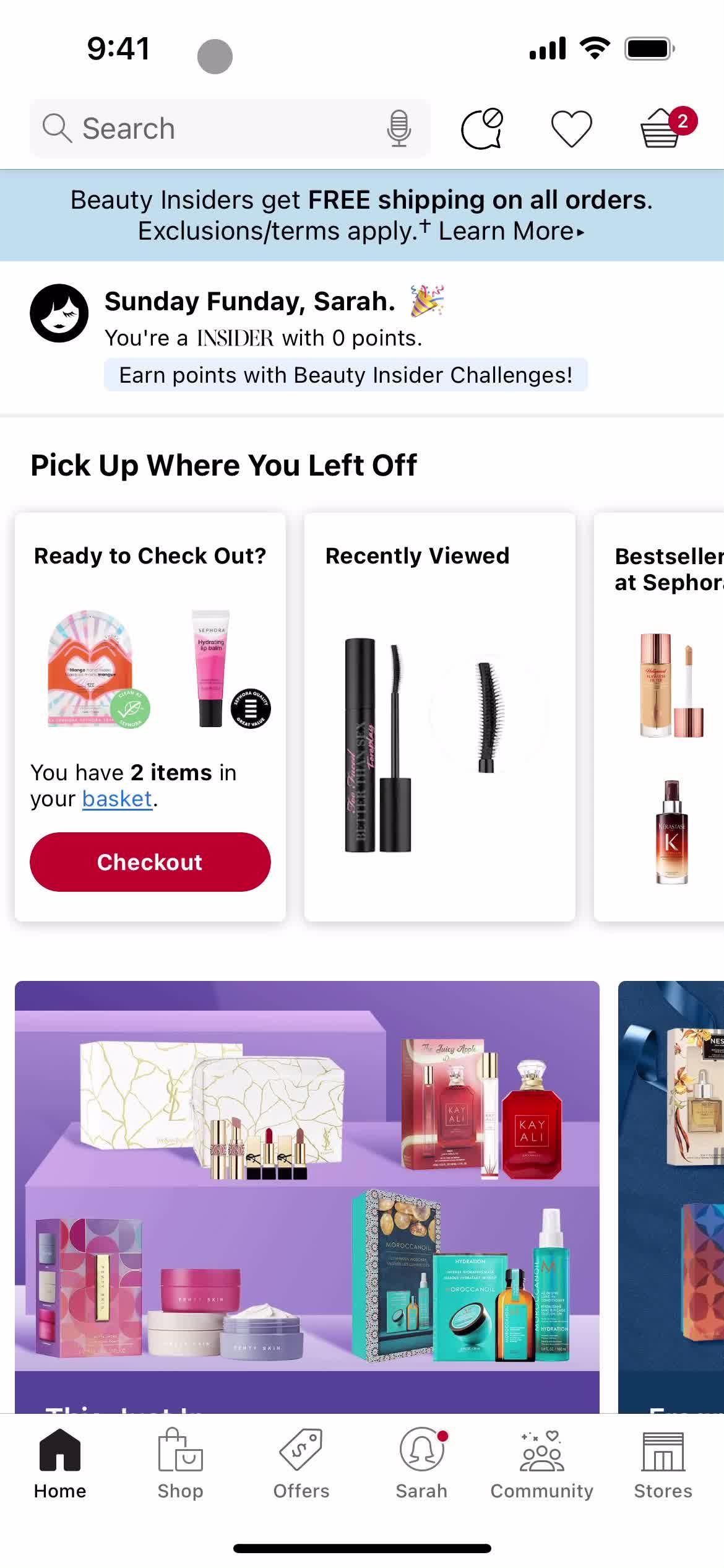 Screenshot of Home on Discovering content on Sephora user flow