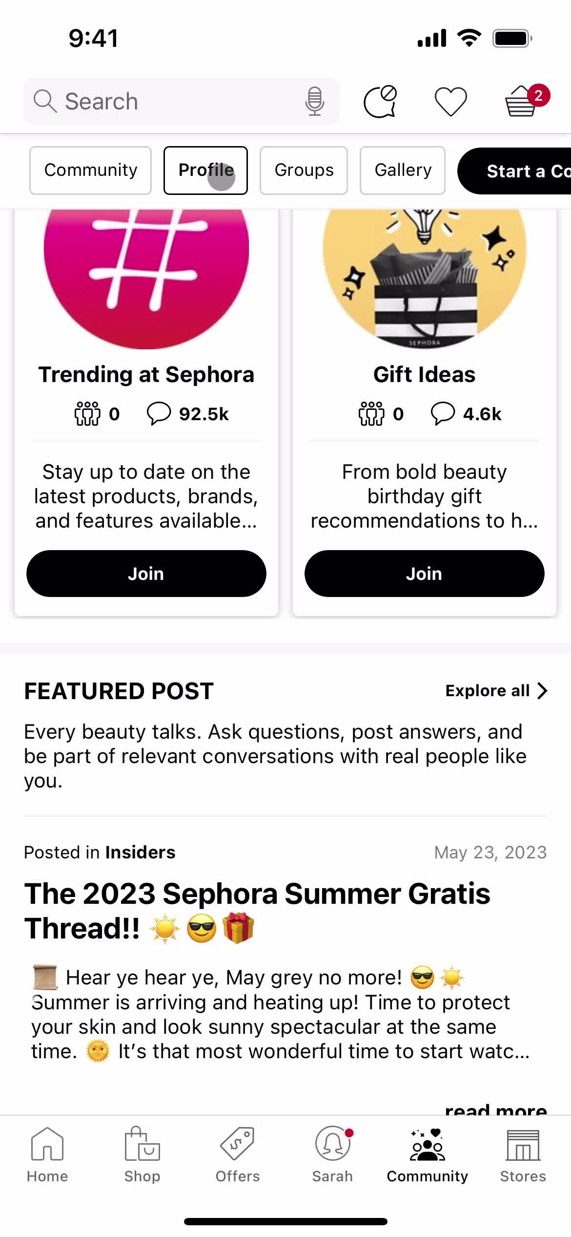 Screenshot of Profiles on Discovering content on Sephora user flow