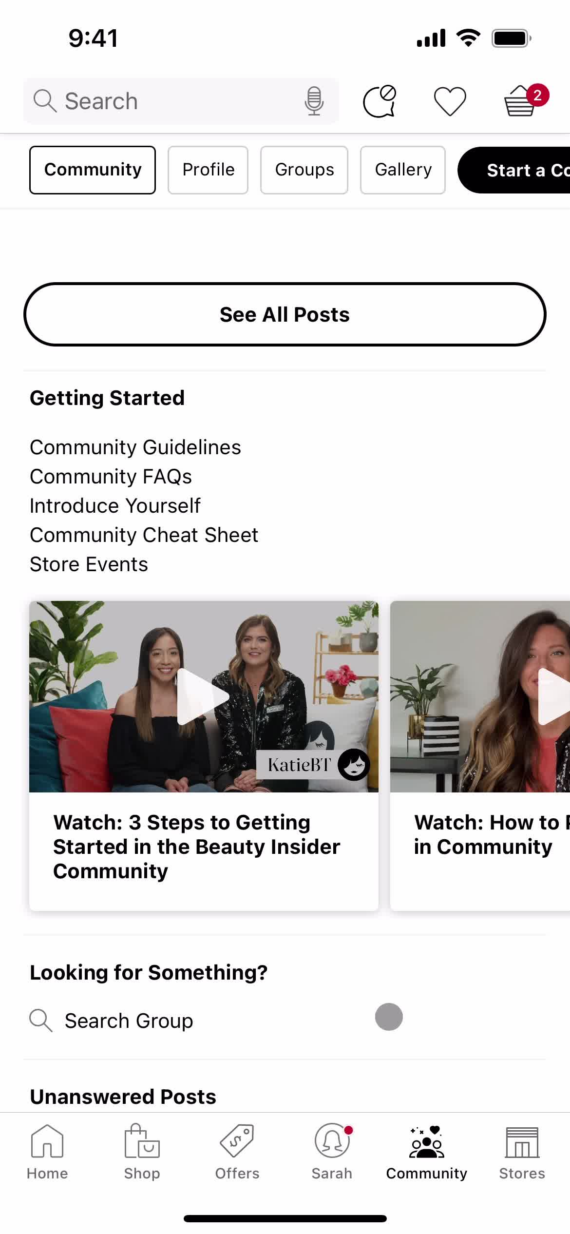 Screenshot of Community on Discovering content on Sephora user flow