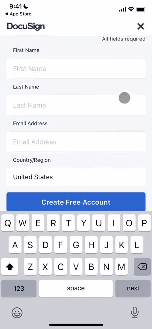 Screenshot of Sign up on Onboarding on DocuSign user flow