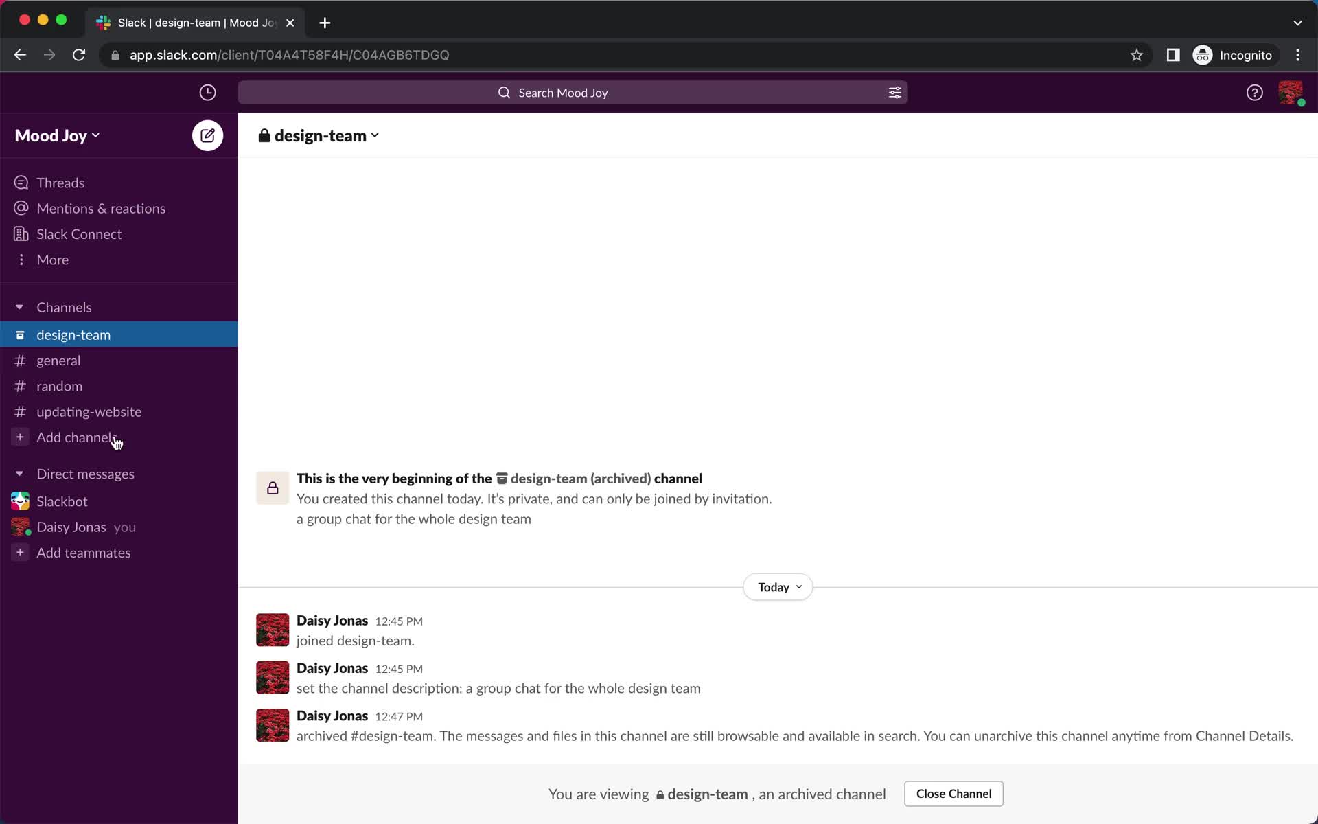 Screenshot of Channel on Downgrading your account on Slack user flow