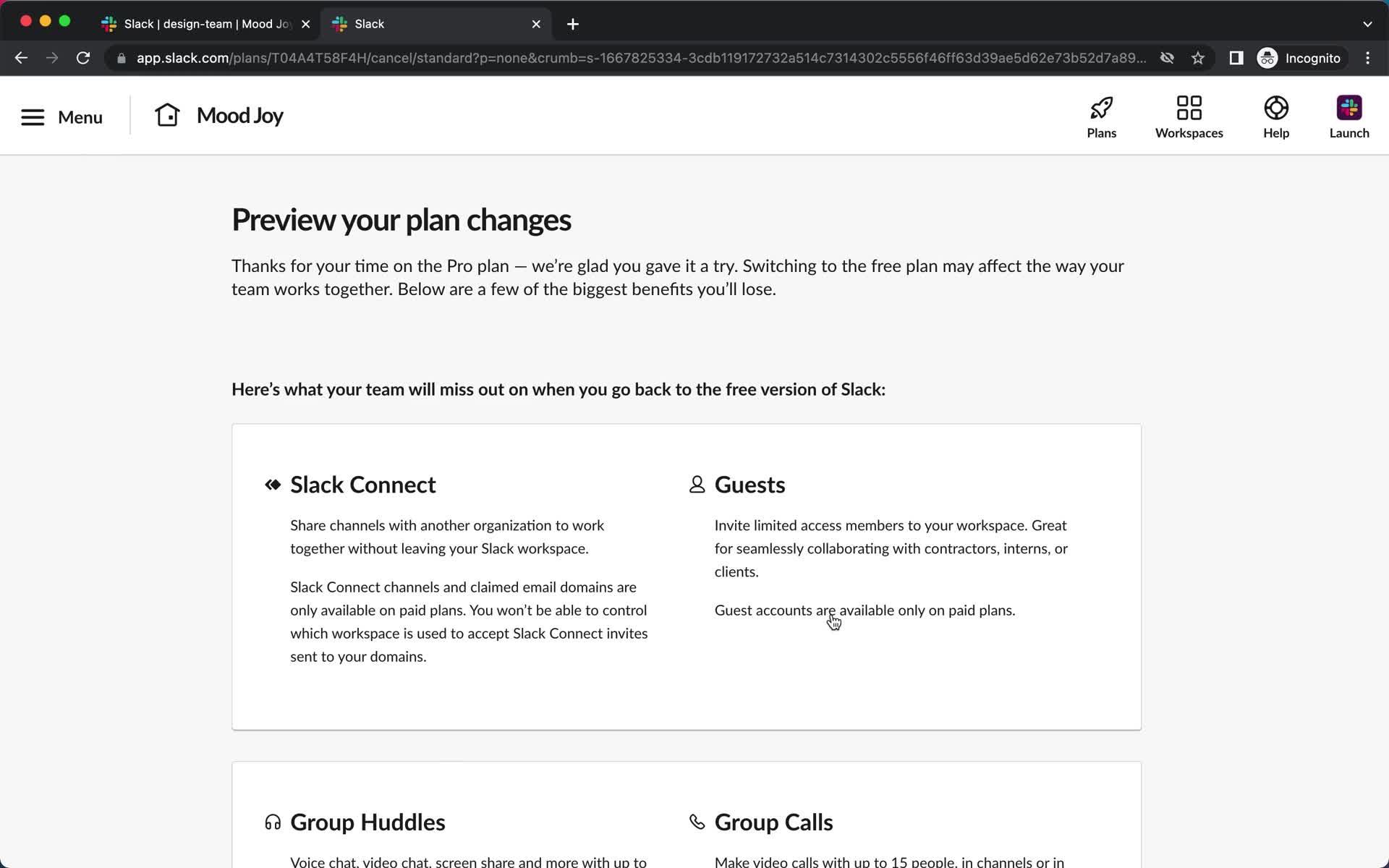 Screenshot of Preview changes on Downgrading your account on Slack user flow