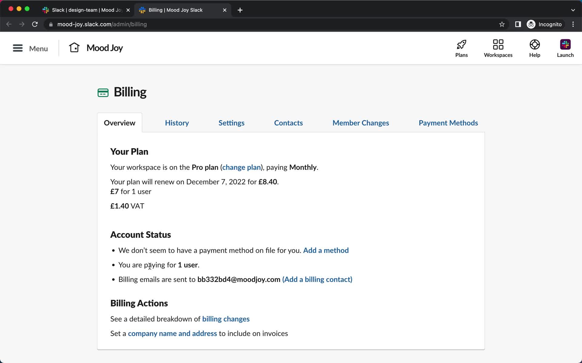 Screenshot of Billing on Downgrading your account on Slack user flow