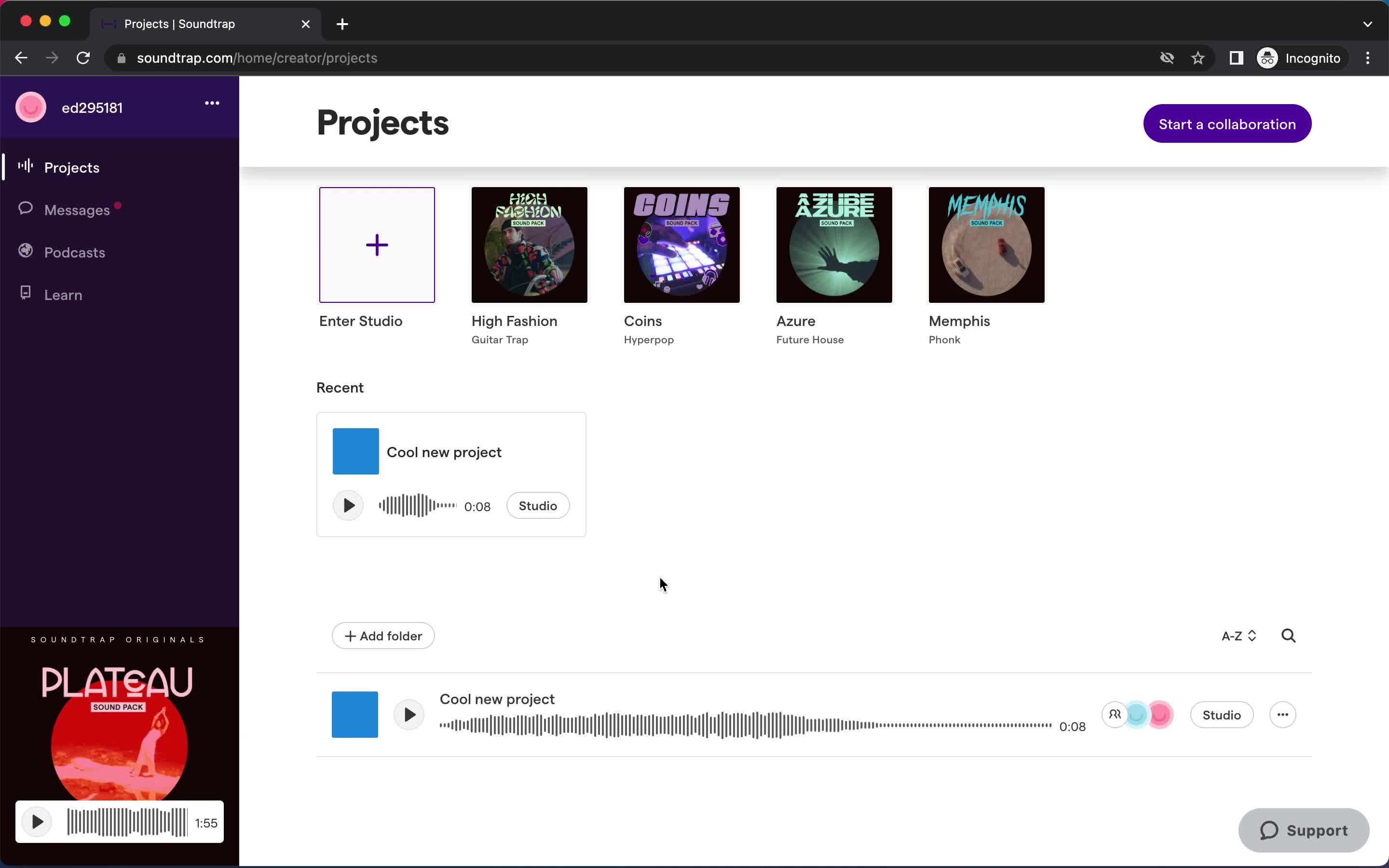 Screenshot of Projects on Cancelling your subscription on Soundtrap user flow