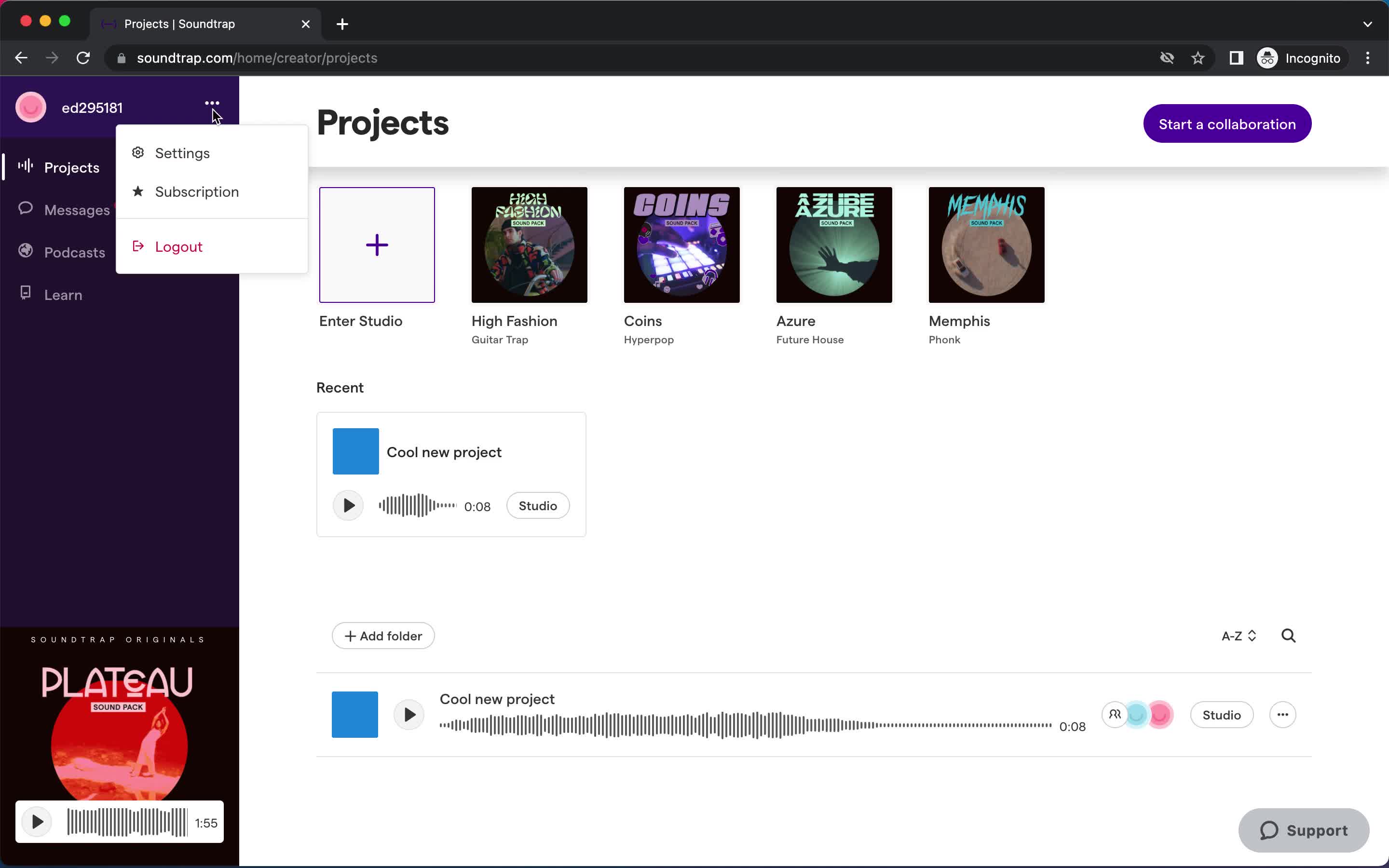 Screenshot of Account menu on Cancelling your subscription on Soundtrap user flow