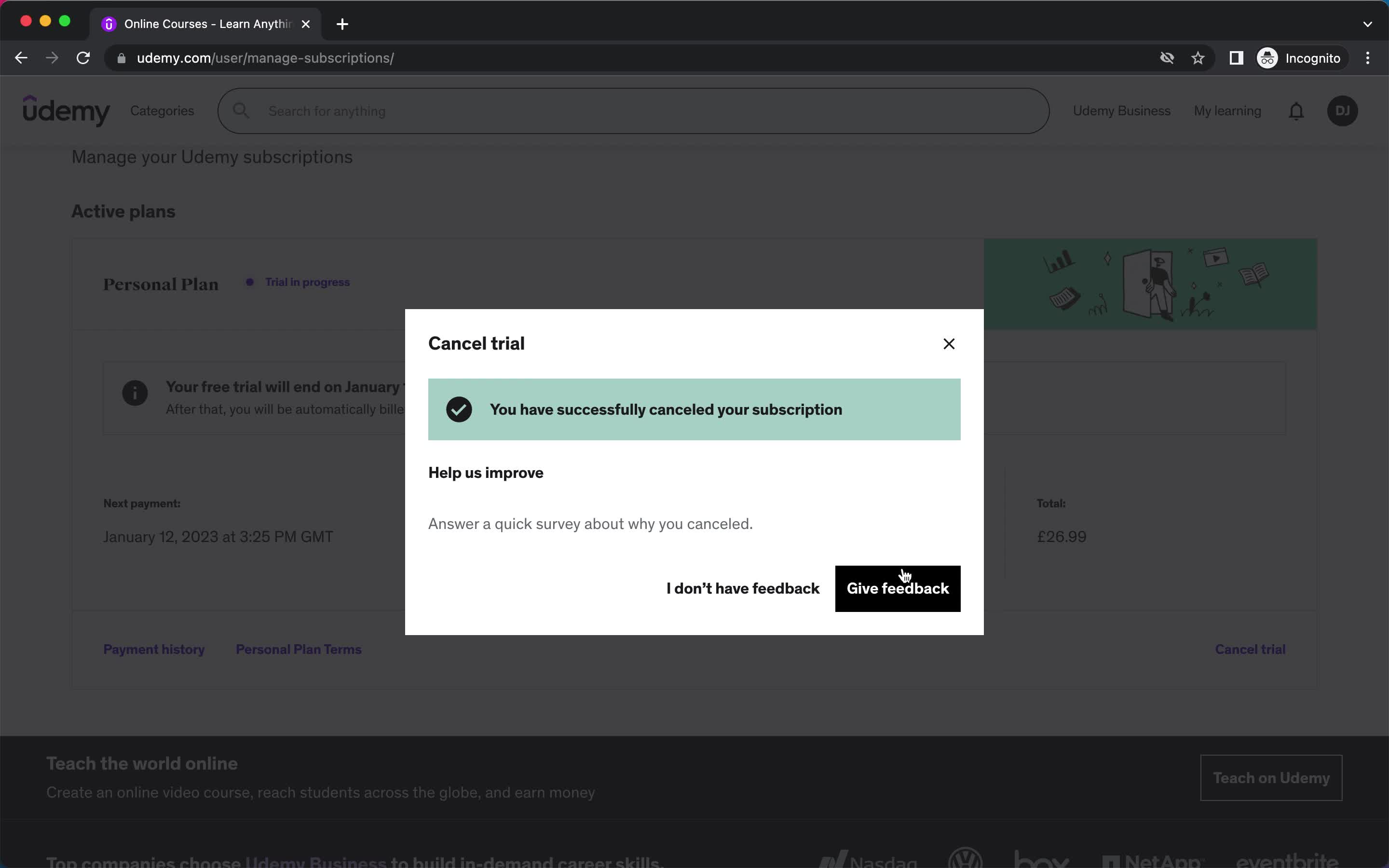 Cancelling your subscription on Udemy video thumbnail