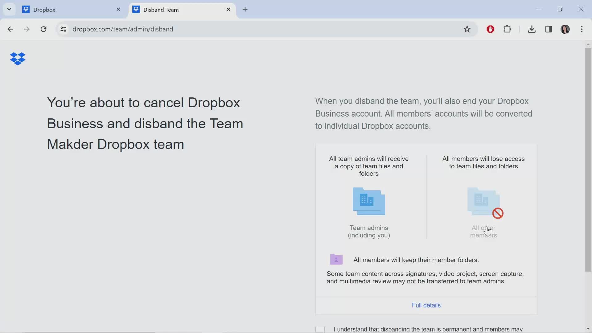 Canceling Dropbox for teams screenshot