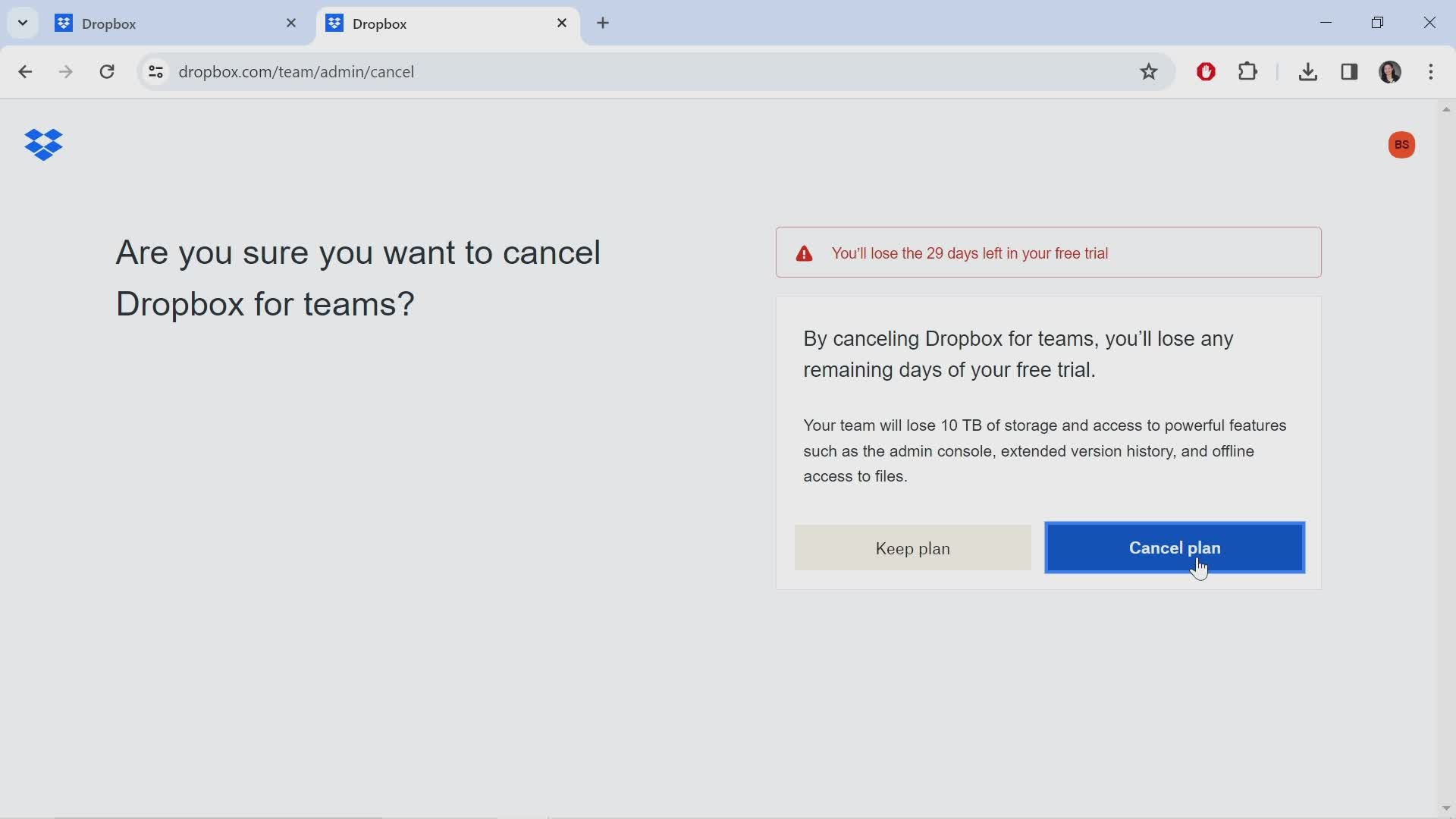 Canceling Dropbox for teams screenshot