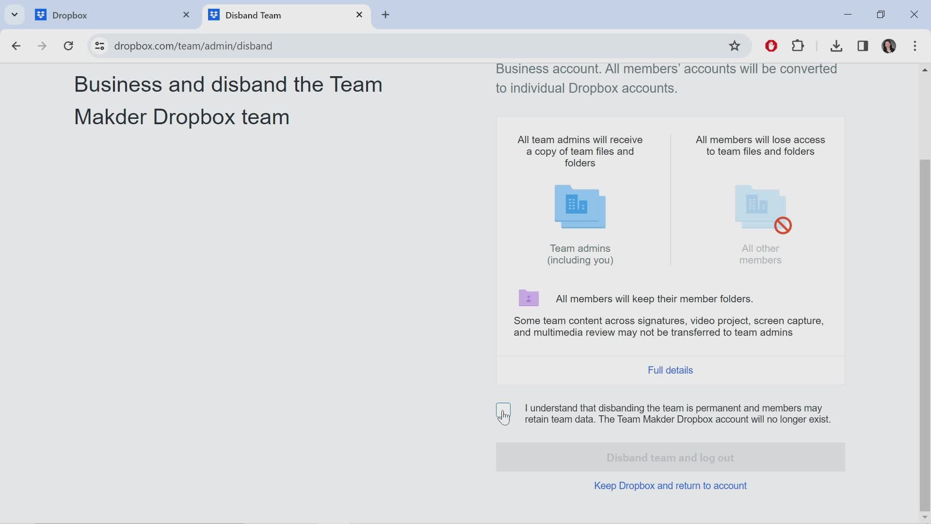 Canceling Dropbox for teams screenshot