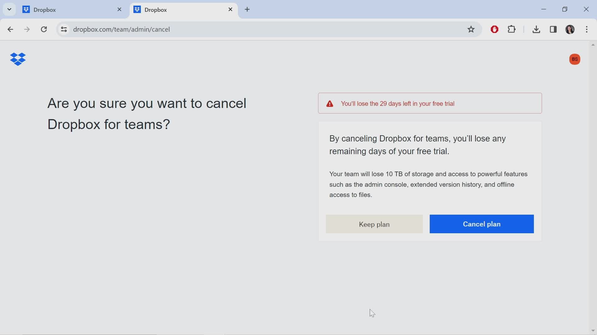 Canceling Dropbox for teams screenshot