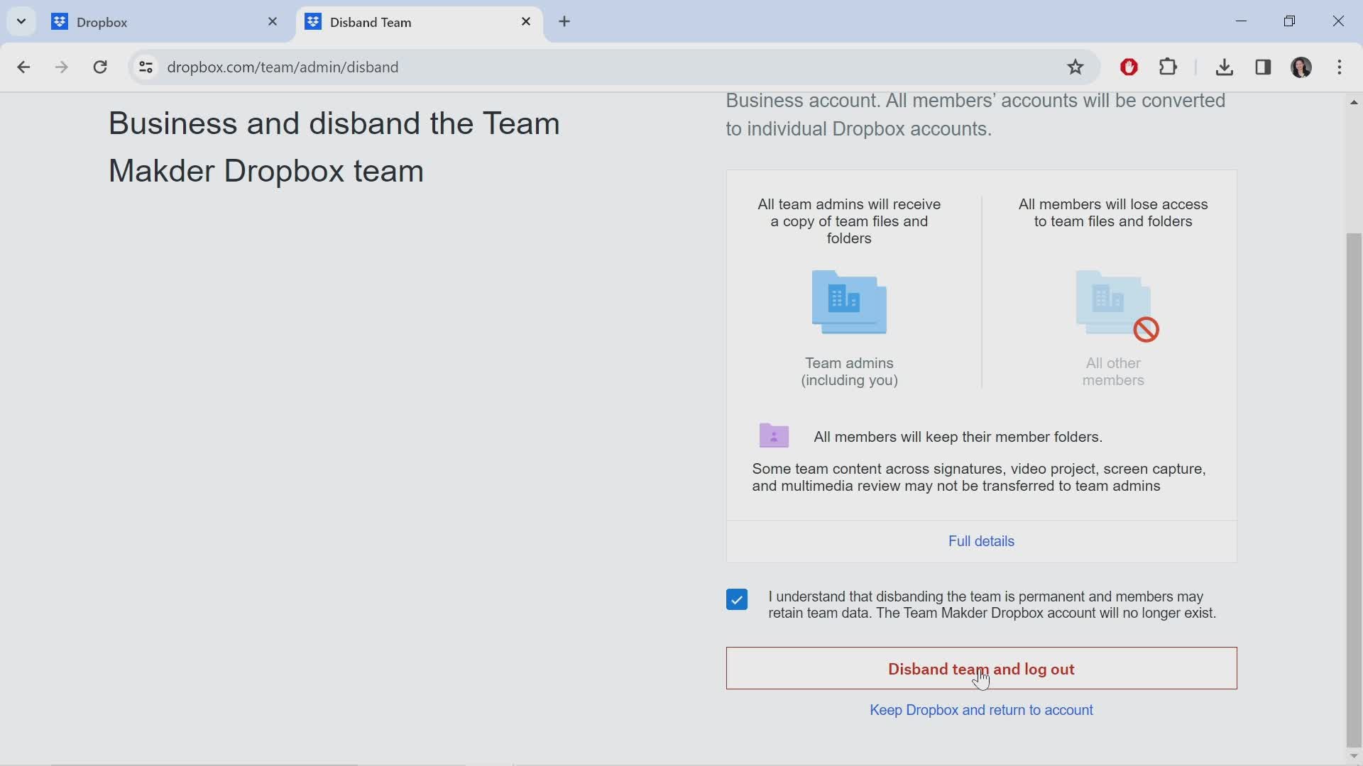 Canceling Dropbox for teams screenshot