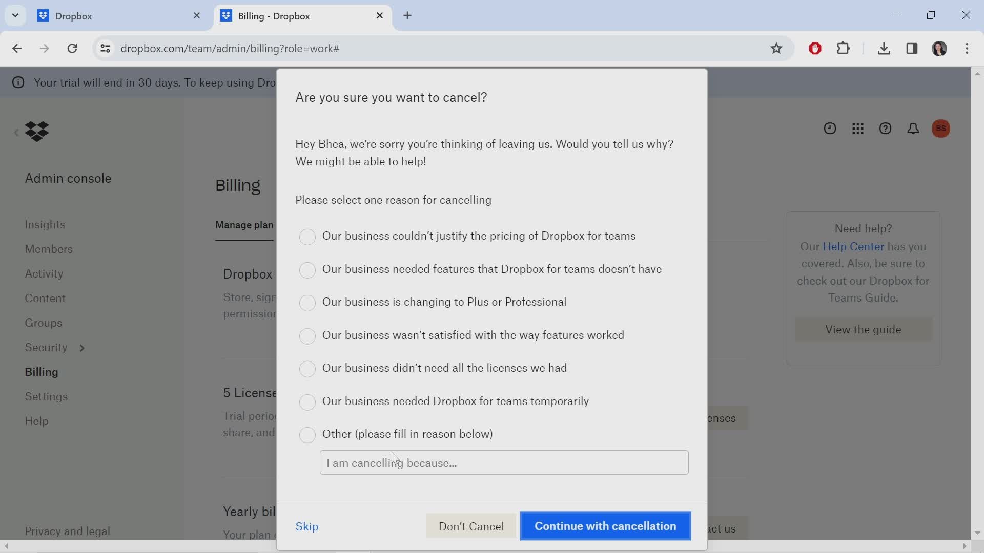 Canceling Dropbox for teams screenshot