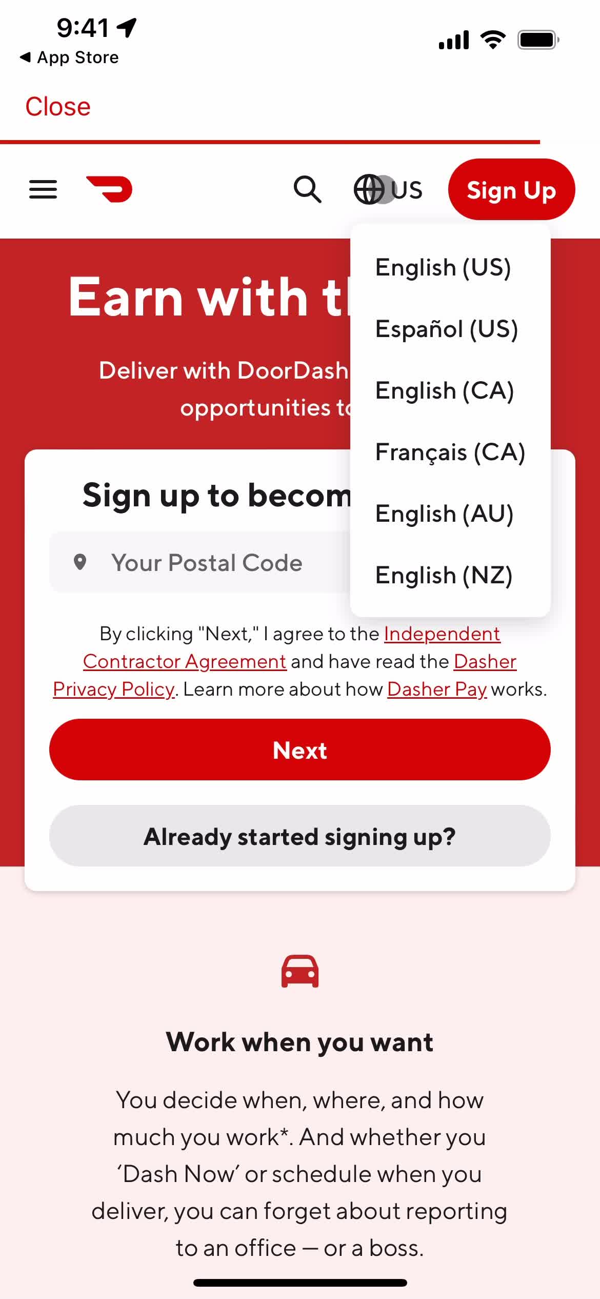 Driver signup screenshot