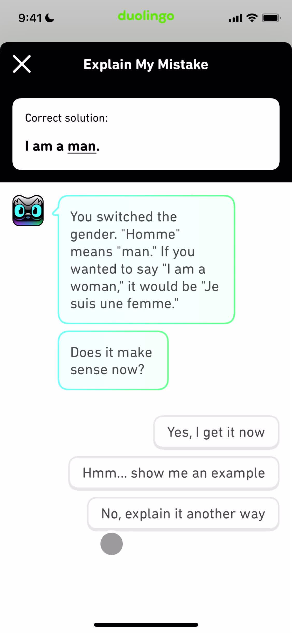 Duolingo chat bot screenshot